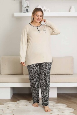 Nakışlı Kadın Pijama Takımı - Bej Büyük Beden Uzun Kol Likralı Bambu Viskon 2857UYB - 1