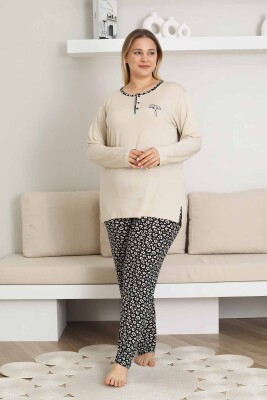 Nakışlı Kadın Pijama Takımı - Bej Büyük Beden Uzun Kol Likralı Bambu Viskon 2857UYB - 2