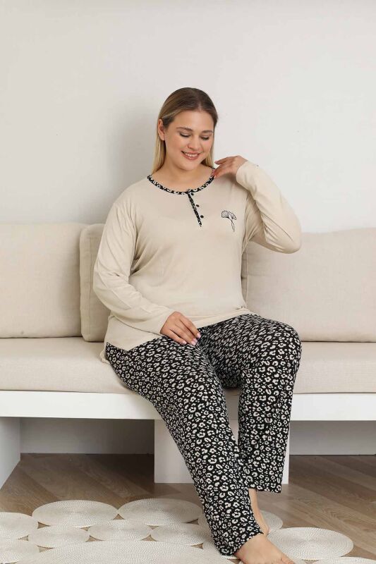 Nakışlı Kadın Pijama Takımı - Bej Büyük Beden Uzun Kol Likralı Bambu Viskon 2857UYB - 3