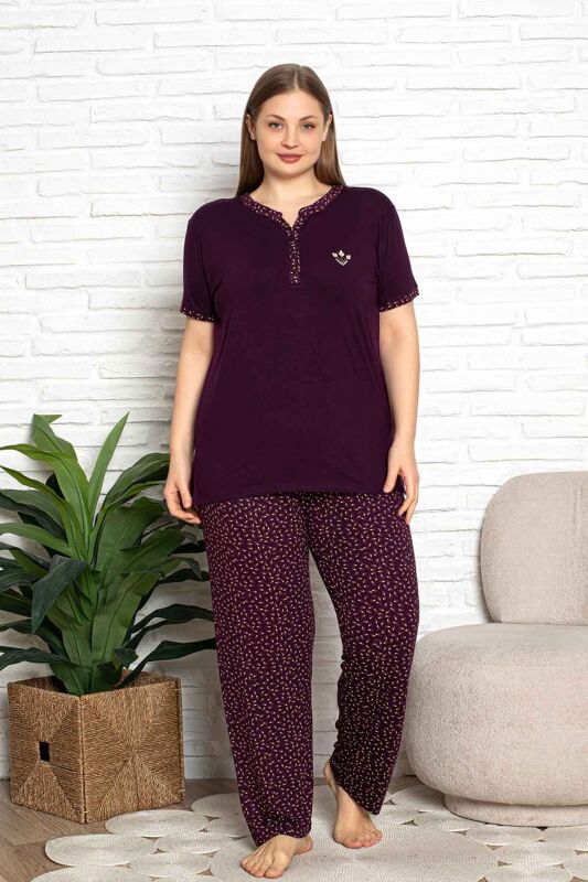 Nakışlı Kadın Pijama Takımı - Büyük Beden Kısa Kol Likralı Bambu Viskon 2838KYB - 1