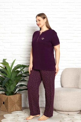 Nakışlı Kadın Pijama Takımı - Büyük Beden Kısa Kol Likralı Bambu Viskon 2838KYB - 2