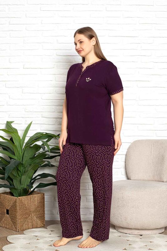 Nakışlı Kadın Pijama Takımı - Büyük Beden Kısa Kol Likralı Bambu Viskon 2838KYB - 2