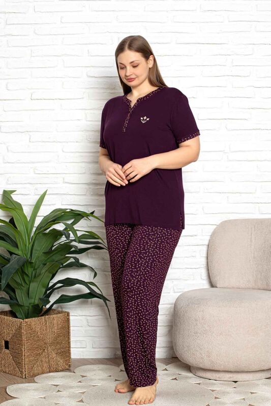 Nakışlı Kadın Pijama Takımı - Büyük Beden Kısa Kol Likralı Bambu Viskon 2838KYB - 4