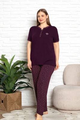 Nakışlı Kadın Pijama Takımı - Büyük Beden Kısa Kol Likralı Bambu Viskon 2838KYB - 3