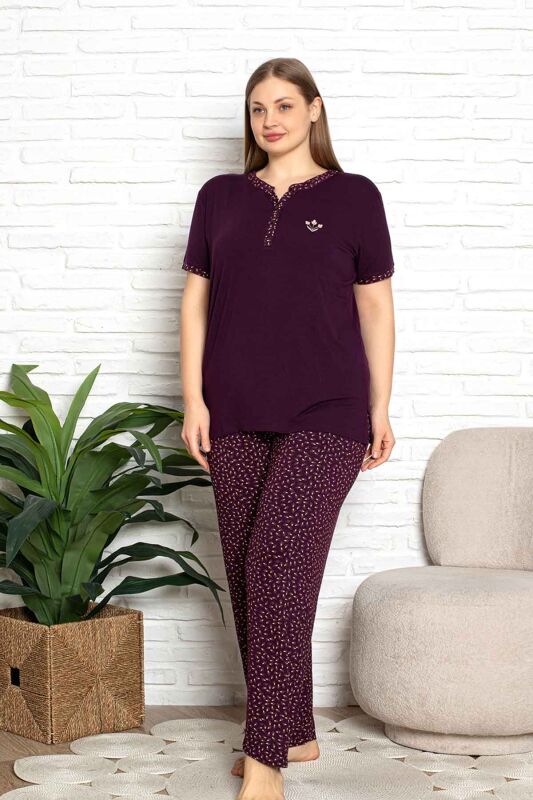 Nakışlı Kadın Pijama Takımı - Büyük Beden Kısa Kol Likralı Bambu Viskon 2838KYB - 3