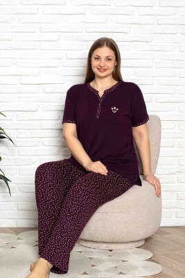 Nakışlı Kadın Pijama Takımı - Büyük Beden Kısa Kol Likralı Bambu Viskon 2838KYB - 5