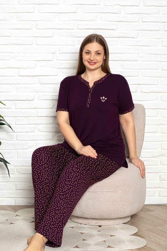 Nakışlı Kadın Pijama Takımı - Büyük Beden Kısa Kol Likralı Bambu Viskon 2838KYB - 5