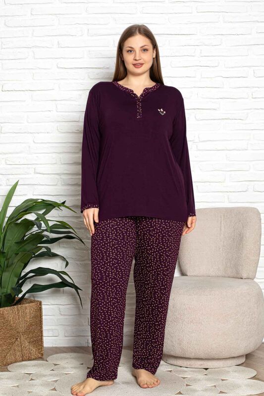 Nakışlı Kadın Pijama Takımı - Büyük Beden Uzun Kol Likralı Bambu Viskon 2838UYB - 1