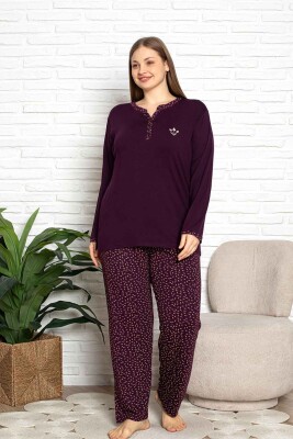 Nakışlı Kadın Pijama Takımı - Büyük Beden Uzun Kol Likralı Bambu Viskon 2838UYB - 2