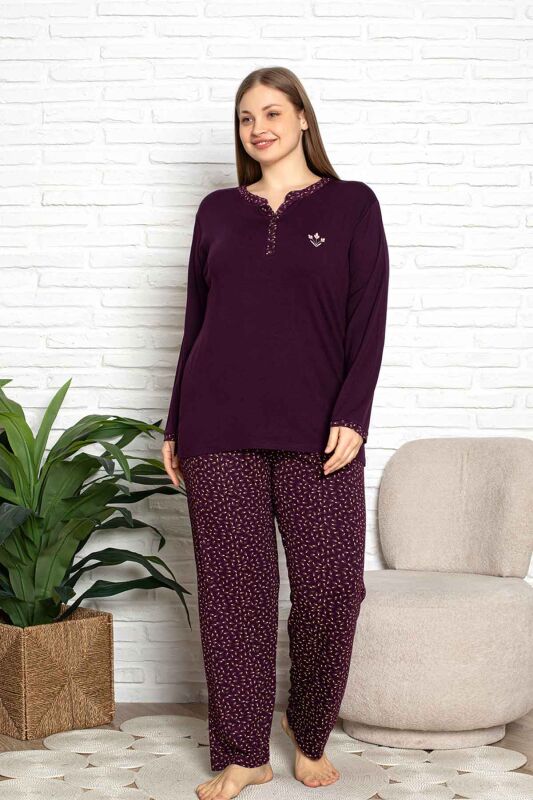 Nakışlı Kadın Pijama Takımı - Büyük Beden Uzun Kol Likralı Bambu Viskon 2838UYB - 2