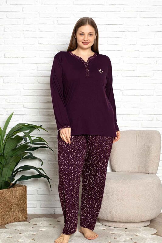 Nakışlı Kadın Pijama Takımı - Büyük Beden Uzun Kol Likralı Bambu Viskon 2838UYB - 3