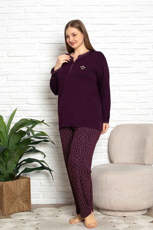Nakışlı Kadın Pijama Takımı - Büyük Beden Uzun Kol Likralı Bambu Viskon 2838UYB - 4
