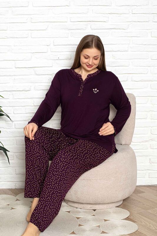 Nakışlı Kadın Pijama Takımı - Büyük Beden Uzun Kol Likralı Bambu Viskon 2838UYB - 5
