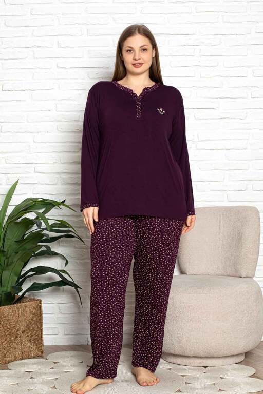 Nakışlı Kadın Pijama Takımı - Büyük Beden Uzun Kol Likralı Bambu Viskon 2838UYB - Alimer