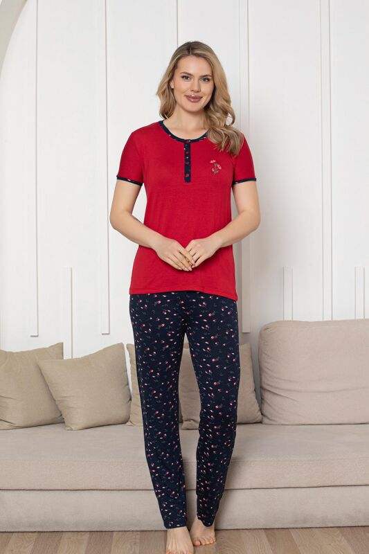 Nakışlı Kadın Pijama Takımı - Laciver Gül Desenli Kısa Kol Likralı Rink Viskon 2861KY - 1