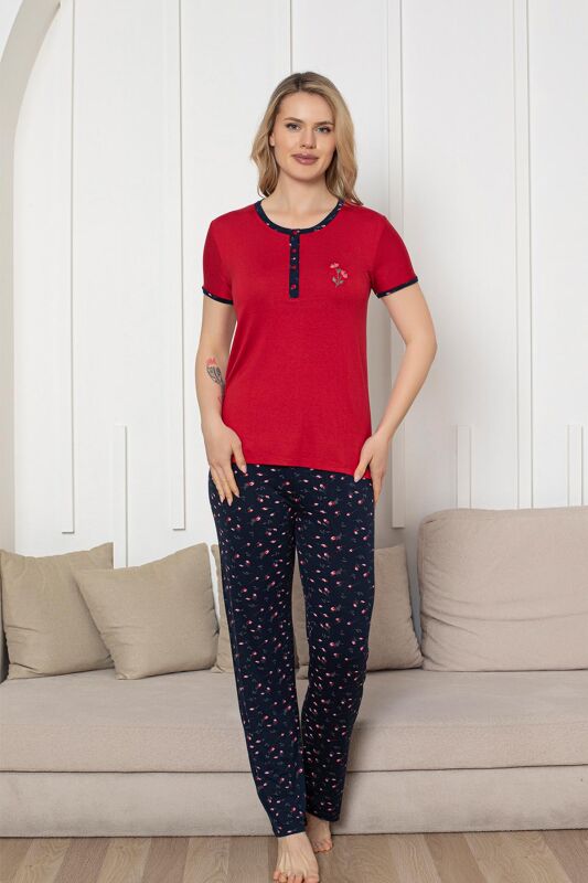 Nakışlı Kadın Pijama Takımı - Laciver Gül Desenli Kısa Kol Likralı Rink Viskon 2861KY - 3