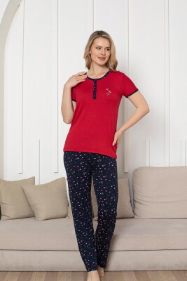 Nakışlı Kadın Pijama Takımı - Laciver Gül Desenli Kısa Kol Likralı Rink Viskon 2861KY - 4