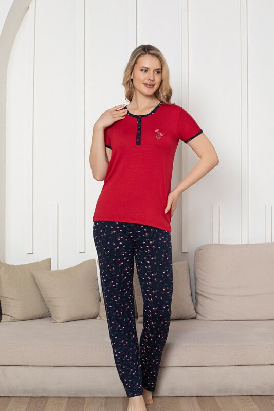 Nakışlı Kadın Pijama Takımı - Laciver Gül Desenli Kısa Kol Likralı Rink Viskon 2861KY - 4