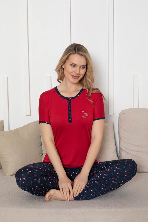 Nakışlı Kadın Pijama Takımı - Laciver Gül Desenli Kısa Kol Likralı Rink Viskon 2861KY - Alimer (1)