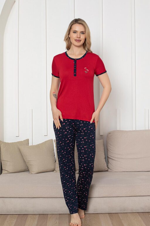 Nakışlı Kadın Pijama Takımı - Laciver Gül Desenli Kısa Kol Likralı Rink Viskon 2861KY - 4