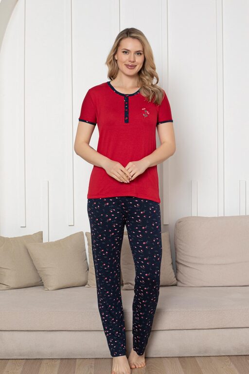 Nakışlı Kadın Pijama Takımı - Laciver Gül Desenli Kısa Kol Likralı Rink Viskon 2861KY - 3