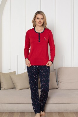 Nakışlı Kadın Pijama Takımı - Laciver Gül Desenli Uzun Kol Likralı Rink Viskon 2861UY - Alimer