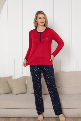 Nakışlı Kadın Pijama Takımı - Laciver Gül Desenli Uzun Kol Likralı Rink Viskon 2861UY - 2
