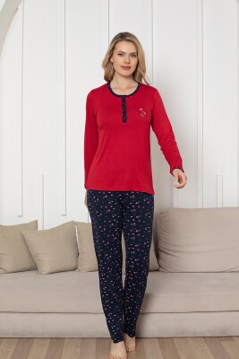 Nakışlı Kadın Pijama Takımı - Laciver Gül Desenli Uzun Kol Likralı Rink Viskon 2861UY - 3
