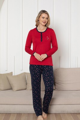 Nakışlı Kadın Pijama Takımı - Laciver Gül Desenli Uzun Kol Likralı Rink Viskon 2861UY - 4