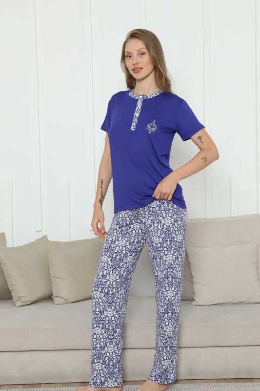 Nakışlı Kadın Pijama Takımı -Saks Mavi Etnik Desenli Kısa Kol Likralı Rink Viskon 2865KY - 2
