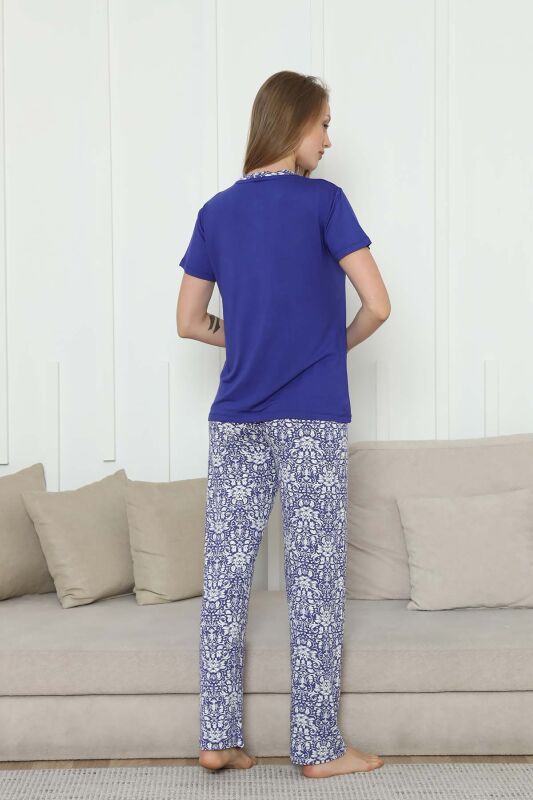 Nakışlı Kadın Pijama Takımı -Saks Mavi Etnik Desenli Kısa Kol Likralı Rink Viskon 2865KY - 5