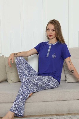 Nakışlı Kadın Pijama Takımı -Saks Mavi Etnik Desenli Kısa Kol Likralı Rink Viskon 2865KY - 4