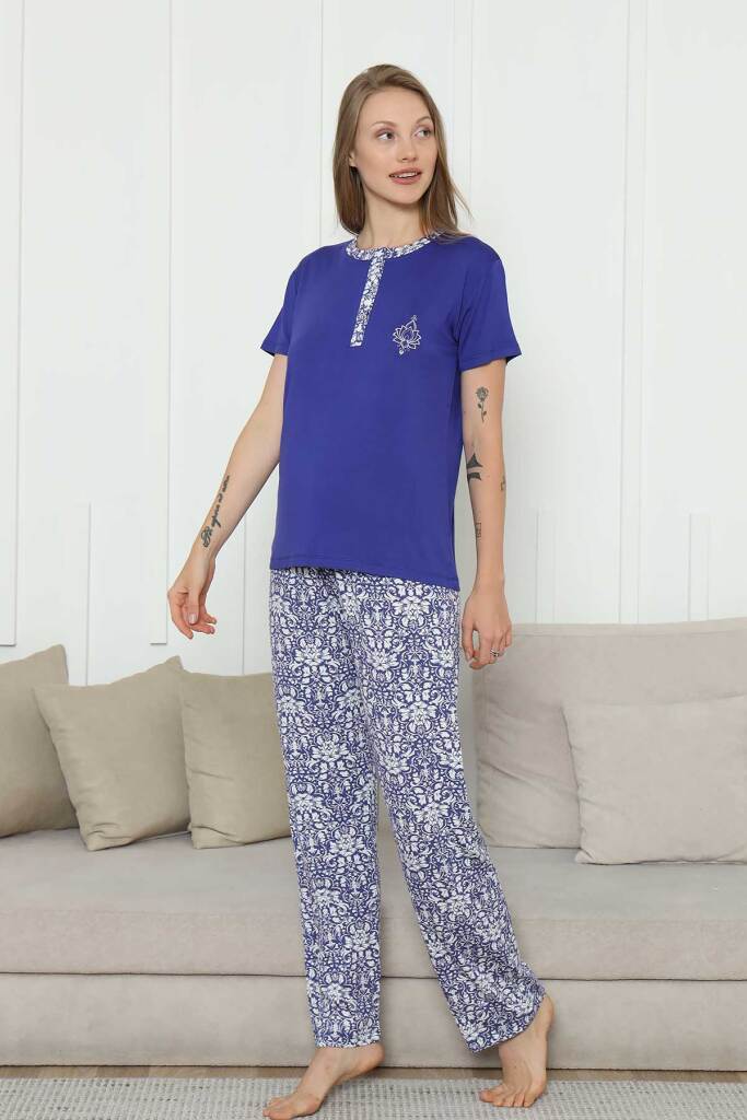 Nakışlı Kadın Pijama Takımı -Saks Mavi Etnik Desenli Kısa Kol Likralı Rink Viskon 2865KY - 3