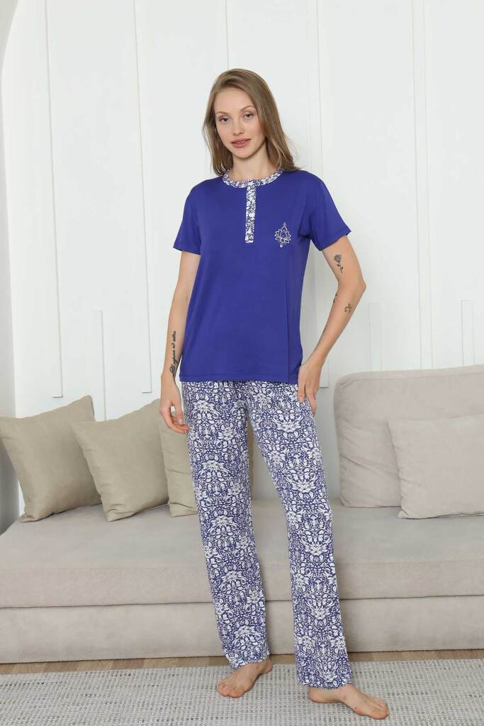Nakışlı Kadın Pijama Takımı -Saks Mavi Etnik Desenli Kısa Kol Likralı Rink Viskon 2865KY - 4
