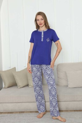Nakışlı Kadın Pijama Takımı -Saks Mavi Etnik Desenli Kısa Kol Likralı Rink Viskon 2865KY - Alimer
