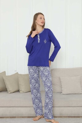 Nakışlı Kadın Pijama Takımı -Saks Mavi Etnik Desenli Uzun Kol Likralı Rink Viskon 2865UY - 1