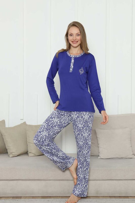 Nakışlı Kadın Pijama Takımı -Saks Mavi Etnik Desenli Uzun Kol Likralı Rink Viskon 2865UY - 2