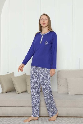 Nakışlı Kadın Pijama Takımı -Saks Mavi Etnik Desenli Uzun Kol Likralı Rink Viskon 2865UY - 3