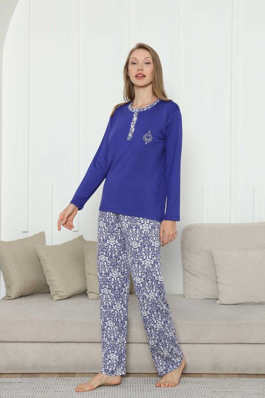 Nakışlı Kadın Pijama Takımı -Saks Mavi Etnik Desenli Uzun Kol Likralı Rink Viskon 2865UY - 3