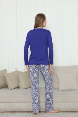 Nakışlı Kadın Pijama Takımı -Saks Mavi Etnik Desenli Uzun Kol Likralı Rink Viskon 2865UY - 5