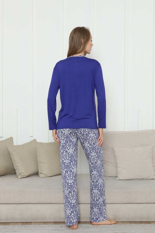 Nakışlı Kadın Pijama Takımı -Saks Mavi Etnik Desenli Uzun Kol Likralı Rink Viskon 2865UY - 5
