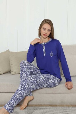 Nakışlı Kadın Pijama Takımı -Saks Mavi Etnik Desenli Uzun Kol Likralı Rink Viskon 2865UY - 4