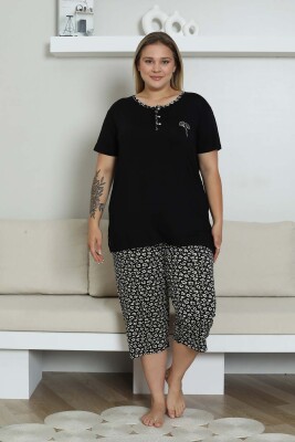 Nakışlı Kadın Pijama Takımı - Siyah Büyük Beden Bermuda Kısa Kol Likralı Bambu Viskon 2857BB - 1