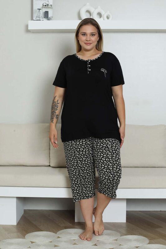 Nakışlı Kadın Pijama Takımı - Siyah Büyük Beden Bermuda Kısa Kol Likralı Bambu Viskon 2857BB - 1