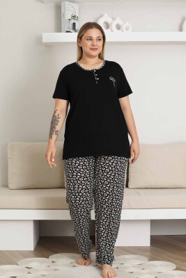 Nakışlı Kadın Pijama Takımı - Siyah Büyük Beden Kısa Kol Likralı Bambu Viskon 2857KYB - 1