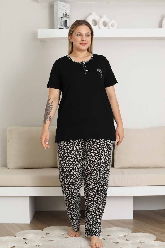 Nakışlı Kadın Pijama Takımı - Siyah Büyük Beden Kısa Kol Likralı Bambu Viskon 2857KYB - 1