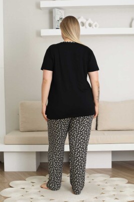 Nakışlı Kadın Pijama Takımı - Siyah Büyük Beden Kısa Kol Likralı Bambu Viskon 2857KYB - 4
