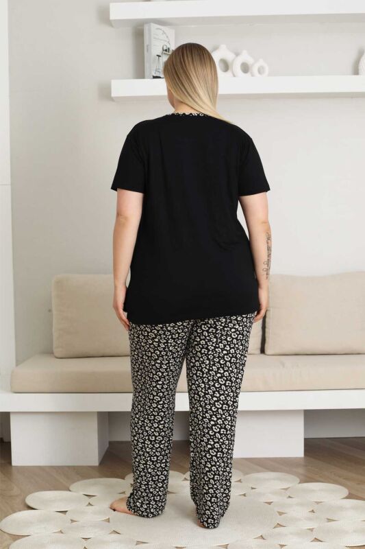 Nakışlı Kadın Pijama Takımı - Siyah Büyük Beden Kısa Kol Likralı Bambu Viskon 2857KYB - 4