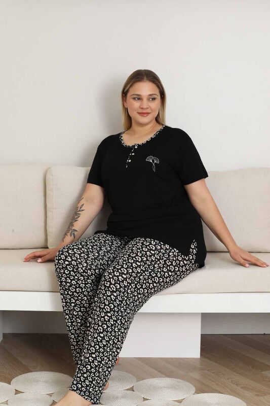 Nakışlı Kadın Pijama Takımı - Siyah Büyük Beden Kısa Kol Likralı Bambu Viskon 2857KYB - 3