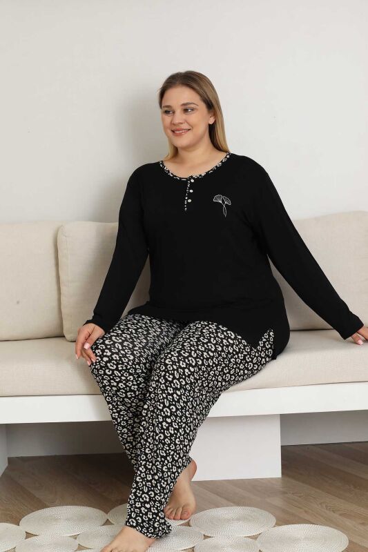 Nakışlı Kadın Pijama Takımı - Siyah Büyük Beden Uzun Kol Likralı Bambu Viskon 2857UYB - 3